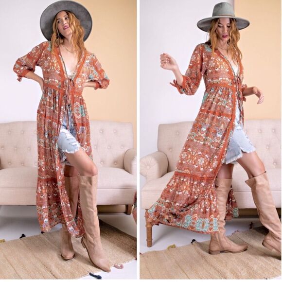 Tie Waist Boho Geo Print Breezy Ruffle Maxi Kimono Duster - Picture 3 of 6
